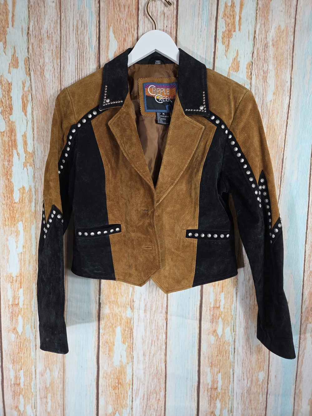 Cripple Creek Vtg Women's Two-Tone Studded Jacket Brown/Black Leather Cropped. M